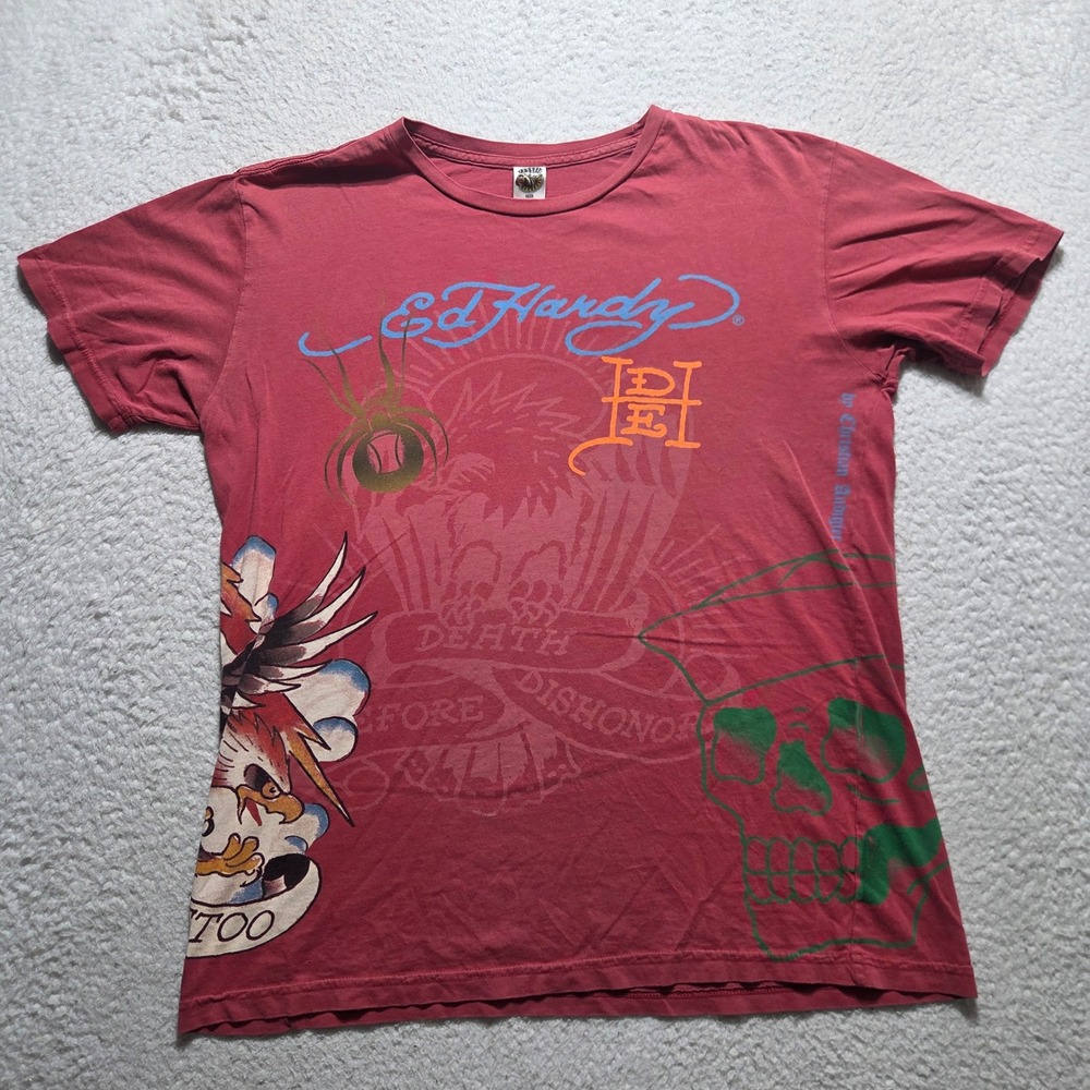 Vintage Ed Hardy T Shirt Mens Large Red Graphic Tee Y2K Streetwear Tattoo Art